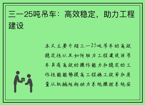 三一25吨吊车：高效稳定，助力工程建设